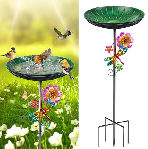 Vogeltränke Stehend 96cm, Vogelbad für Draußen Garten, Metall Futter Schale mit Stabiler 5-Zinken-Basis, Wassertränke für Vögel Vogeltränke Groß Winterfest Frostsicher (Vintage Grün)