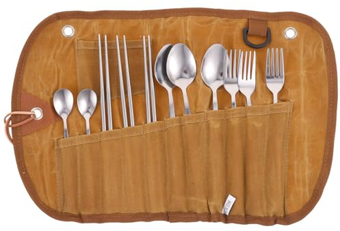 DOITOOL Ensemble de Couverts Portables pour Camping avec Pochette Pliable, Rangement Organisé, Service de Table 4 Pièces en Acier Inoxydable, pour Pique-niques et Activités de Plein Air