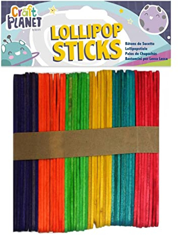 Craft Planet Lollipop Sticks Approx 50 Pieces, Assorted Colours, Wooden Stick for Art, Crafts Projects, Model Making, Cake Pop, Plant Labels, Ice Lolly Stick Wood, Coloured
