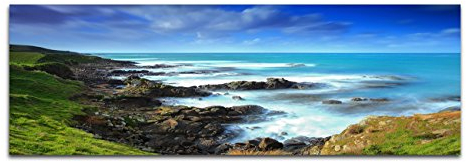 Paul Sinus Art Panoramabild auf Leinwand und Keilrahmen 120x40cm Neuseeland Küste Wiese Meer Wolken