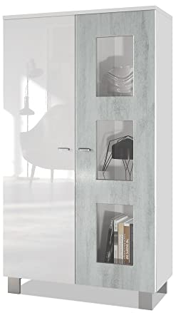 Vladon Vitrine Denjo, Made in Germany, Standvitrine mit 2 Türen und 3 Glaseinsätzen, Weiß matt/Weiß Hochglanz/Beton Oxid-Optik (71 x 129 x 35 cm)
