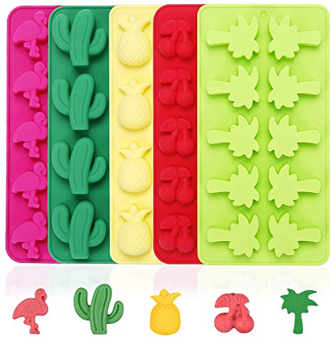 Fewo 5 Stück Hawaiian Tropical Themed Eiswürfelform Sommer Silikon Formen für Schokolade, Süßigkeiten, Gummy Frucht Snack Fat Bomb Jello Mini Seife Kreide Schmelzen Kaktus Ananas Flamingo