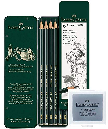 Faber-Castell 119063 Bleistift Castell 9000, 6-er Etui + Knetgummi/Knetradierer