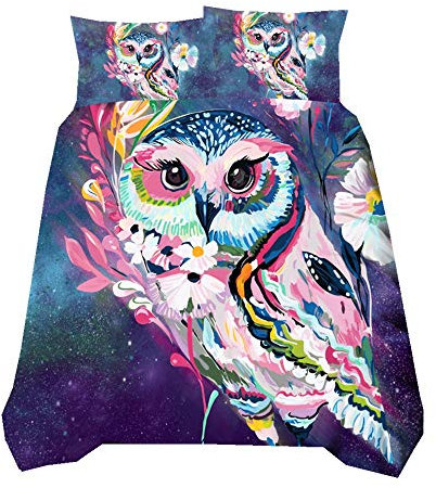 Sticker superb Aquarelle La Peinture 3D Rose Bleu Floral Hibou Parures de Lit pour Homme, Galaxie Étoile Charmant Chat Cool Minou Animal Housse de Couette (Hibou, 220x240cm)
