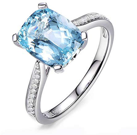 Bishilin Trauringe 750 18K 3.15 Carat Kissen Aquamarin Eheringe Ringe Weißgold mit Diamant Gr. 56 (17.8)