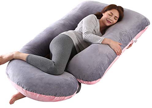 Coussin de Grossesse pour dormir, Coussin d'allaitement,Grand Coussin allaitement en forme de U de maternité avec Housse en Velours remplaçable et Lavable (Rose&Gris-Velours)