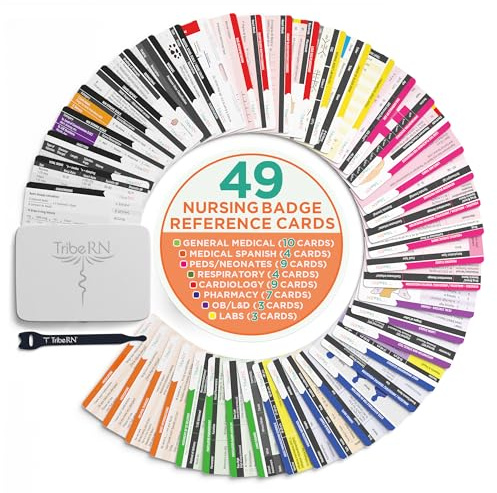 Tribe RN BadgeGuru 2.0 - Nursing Student Set of 44 Comprehensive Clinical Nurse Badge Cards - Cardiac, General Medical, Labs, OB/L&D, Pediatrics, Pharmacy, Respiratory, Medical English/Spanish