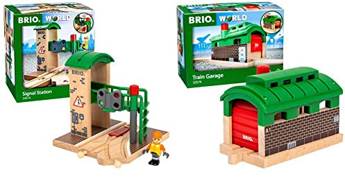 BRIO Bahn 33674 - Signal Station & World 33574 Lokschuppen mit Rolltor - Ergänzung für die BRIO Holzeisenbahn - Empfohlen ab 3 Jahren