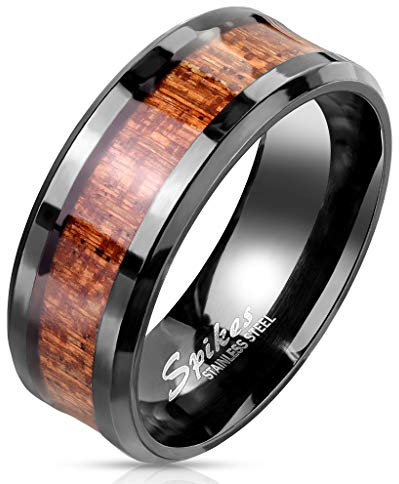 Paula & Fritz® Ring Damen Holz Inlay 316L Chirurgenstahl Größe 54 (17,2) Schwarz Herren-Ring Freundschaftsring Partnerring Ehering Frauenring Bandring