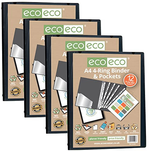 eco-eco Lot de 4 classeurs de présentation A4 à 4 anneaux en O avec 12 pochettes perforées, tranche de 22 mm, noir, eco046x4