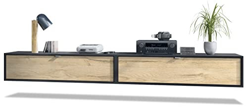 Vladon 2er-Set TV Board Lana 120, Made in Germany, Lowboards je 120 x 29 x 37 cm mit viel Stauraum, Korpus in Schwarz matt, Fronten in Eiche Natur | Große Farbauswahl