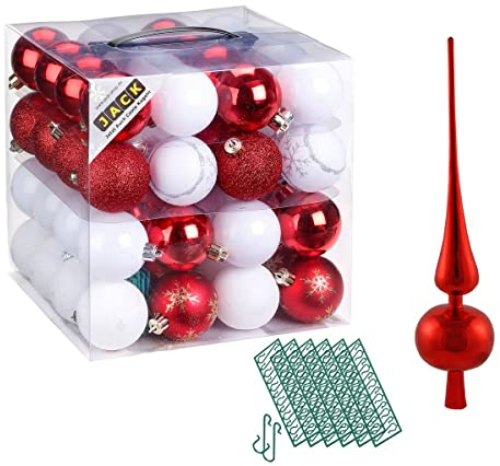JACK 64x Kunststoff Christbaumkugeln Ø 6cm + Spitze 28cm inkl. Aufhänger Dekor Kugeln Set Weiß Rot Gold Grün Blau Silber, Farbe:Weiß-Rot