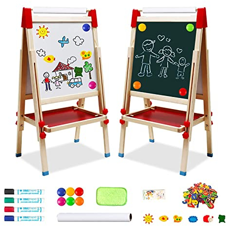 Chevalet Peinture Enfant Double Face en Bois - avec Rouleau de Papier Tableau Blanc et Tableau Noir avec Chiffres et Autres Accessoires,Convient aux Filles et aux Garçons âgés de 2 à 8 Ans
