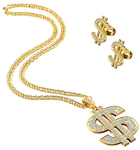 3er Set Goldene Dollar- Kette & Ring,Gangster Ring,Hip Hop Hop Rapper Zubehör,Hip Hop Dollar Halskette,Karneval Verkleidung Pimp 70er, 80er, 90er Jahre Outfit,Fasching Accessoires, Mottoparty