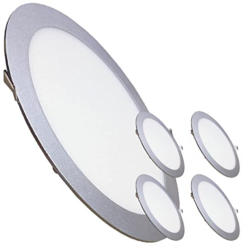LED ATOMANT Packung 5 x runde LED-Panel, 24 W, flach, 280 mm, Silberrahmen, Warmweiß (3000 K), 2200 Lumen, Treiber inklusive.