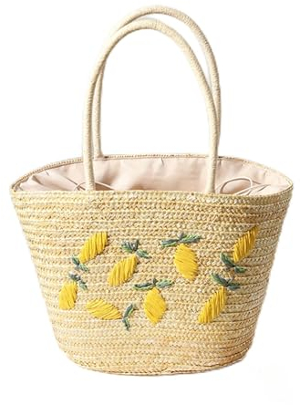ClearloveWL Damen Strandtasche Stroh, Gestickte Zitrone Frauen Umhängetaschen Große Kapazität Strohfrauen Handtasche Summmer Strand gewebt Damen Tasche Große Shopper Tasche, Beige, 40*27*17cm
