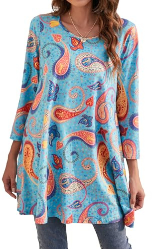 Enmain Tunic Tops for Women UK 3/4 Long Sleeve Tunics for Leggings Plus Size Round Neck Ladies Longline Top Casual Loose Blouse T Shirt Light Blue Paisley Patterned Swing T-Shirt XXXL