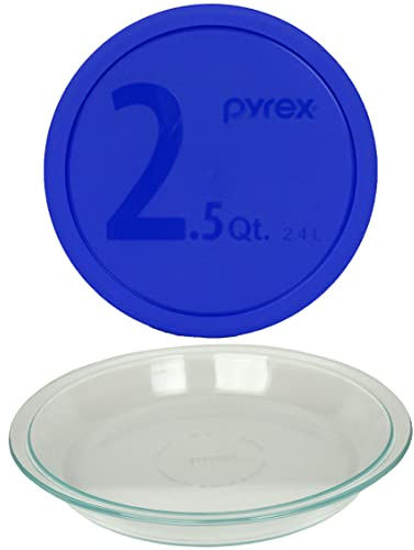 Pyrex (1) 23-CM Vintage 9in Pie Plate #209, & (1) 325-PC 2.5qt Blue Mixing Bowl Lid Made in the USA