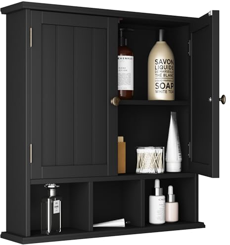 ChooChoo Armoire de salle de bain murale à 2 portes avec 3 étagères ouvertes, armoires à pharmacie en bois avec étagère réglable, armoires de rangement pour économiser de l'espace au-dessus des