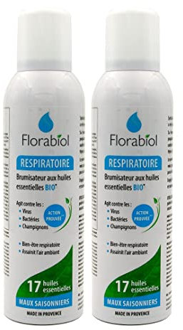 Florabiol - Spray Assainissant Bien-Être Respiratoire aux 17 huiles essentielles - Efficace contre les Virus, Bactéries, Champignons - Menthe, Eucaltptus, Thym - Fabriqué en France - 2x150ml