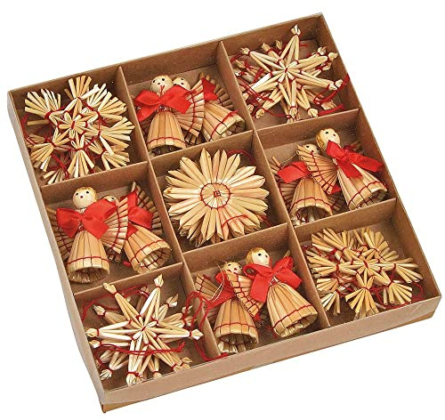 Strohsterne Christbaumschmuck für Weihnachten | Weihnachtsbaumanhänger aus Stroh | Anhänger (Set Sterne/Engel 28 STK 6cm)