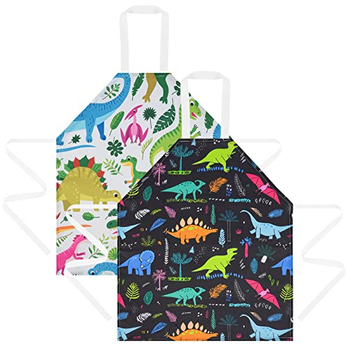 HOTUT Kinder Schürzen Set, 2PCS kochschürze kinder, Verstellbare Kinderschürze Dinosaurier Cartoon, Schürzen für Kinder Basteln Malen Backen Kochen-Schwarz +Grün