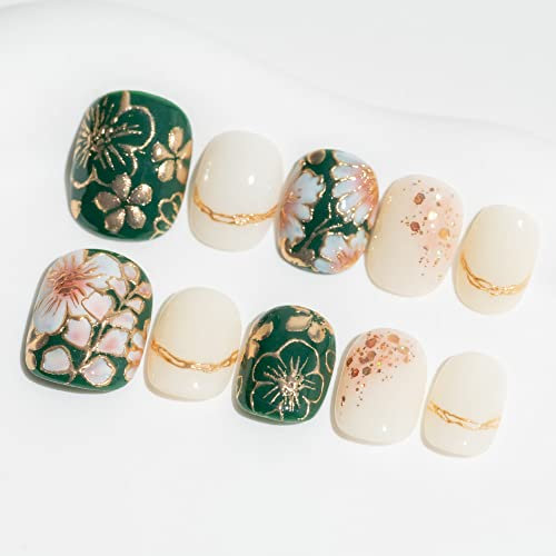 Sun&Beam Nails Handmade Press-on Short Round Green Gold Hand-Painted Elegant glossy Design Fashion False Nail Tips 10 Pcs Set (#076 S)