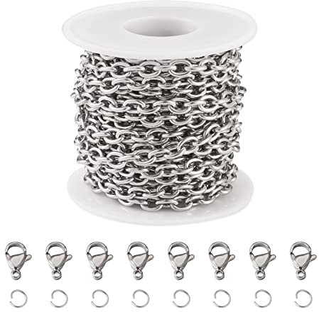 PandaHall Cadena de cable de acero inoxidable de 5 m, cadenas ovaladas gruesas a granel con 10 cierres de pinza de langosta, 20 anillos de salto para hacer collares y joyas