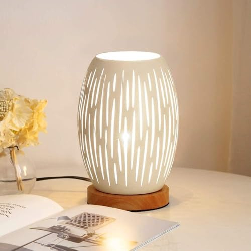 Comely Tischlampe Nachttischlampe, E27 Schreibtischlampe mit Kabel und Schalter, Hohle Tischleuchte aus Metall und Holz für Wohnzimmer Schlafzimmer Tisch, Weiß