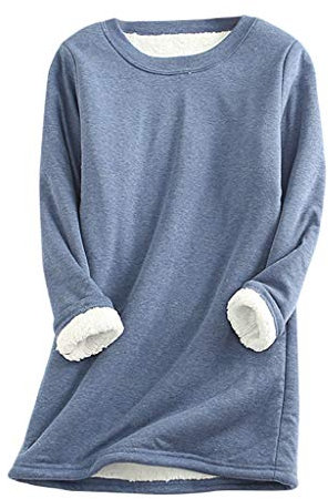 Mrat Ladies Winter Warm Sweatshirt Thick Fleece Velvet Underwear Pullover Tops Round Neck Sherpa Fleece Lined Long Sleeve Jumper Soft Touch Solid Color Sweatshirts