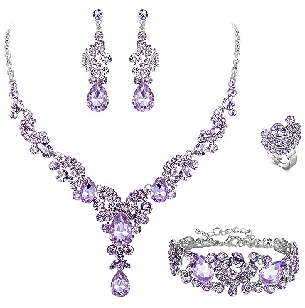 EVER FAITH 4 Stück Schmucksets für Damen Party Hochzeit Braut Strass Kristall floralen Welle Teardrop Halskette baumeln Ohrringe Armband Ring Set Hellviolett Silber-Ton