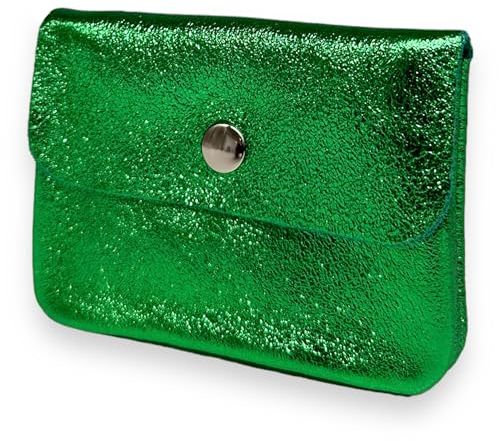 Portemonnaie Damen klein Leder mit Münzfach und Knopf Mini Geldbörse Brieftsche Geldbeutel Echtleder (Metallic-Grün)
