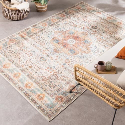 FRAAI | Home & Living In- & Outdoor Teppich Vintage - Kairo Medaillon Creme Bunt - Wetterfest - Polyester - Flachgewebe - Wohnzimmer, Esszimmer, Balkon, Garten/Terrasse - Terrasse - Rug