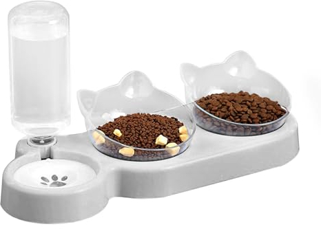 Marchul Gamelles inclinées pour Chat avec Tapis d'alimentation, Trois gamelles surélevées pour Nourriture et Eau, gamelles pour Animaux domestiques avec Bouteille d'eau Automatique