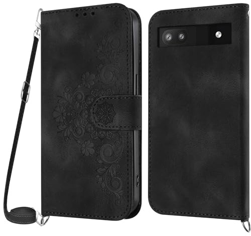 NETANY Coque pour Google Pixel 6A avec Cordon, Etui pour Google Pixel 6A avec Cordon Collier, Cuir Flip Portefeuille, Housse Case Etui avec [Bandoulière Réglable] Lanyard Case Cover (Noir)