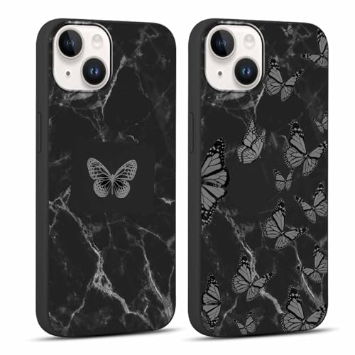 Coalbooliy 2 Stück Handyhülle für iPhone 13/iPhone 14 6,1, Aesthetic Muster Marmor Schmetterling Design Hülle mit KameraSchutz und BildschirmSchutz, Schwarz Silikon Stoßfestes Schutzhülle, 01