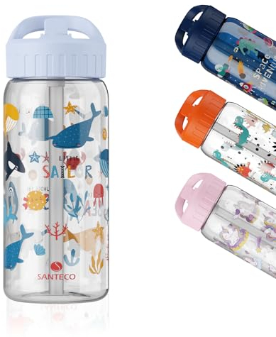 SANTECO Trinkflasche Kinder Auslaufsicher 0,5L - Sport Trinkflasche Schule mit Strohhalm - leichte Tritan Wasserflasche zum Wandern & Fitnessstudio - BPA frei - für Kindergarten, Schule