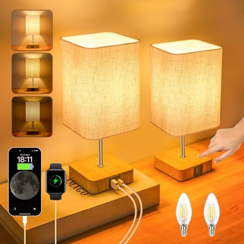 Touch Control USB Table Lamp Set of 2,Dimmable Nightstand Lamps with USB Charging Ports,Small Touch Lamp with Wood-grain Base & Beige Fabric Shade for Bedroom Living Room Children's room,Bulb Included