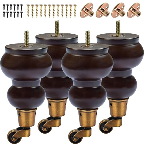 TCHOSUZ Lot de 4 pieds de meubles ronds en bois de noyer massif classique de 17 cm avec roulettes pour projet de bricolage, canapé, armoire, lit ottoman