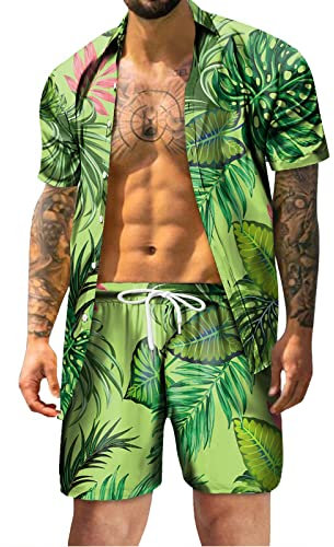 Hehiy Herren Hemd Kurzarm Sommer Outfit 2 Teiler Männer Hemd und Shorts Casual Strand Kurzarmhemd Shorts Set Flamingo Anzug Herren Outfit Komplett Set Casual