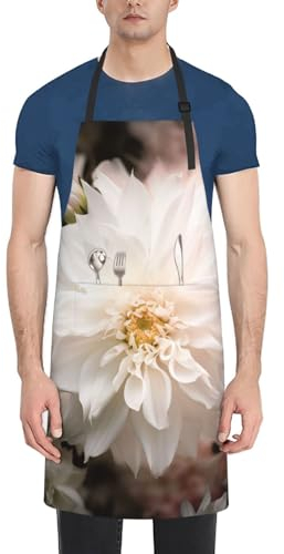 OUSIKA Weiße Blumenschürze für Männer und Frauen, wasserdichte Schürzen mit 2 Taschen, verstellbare Latzschürze, Küchenschürze, Kochschürze, Koch, robuste Arbeitsschürze, Schwarz , One size