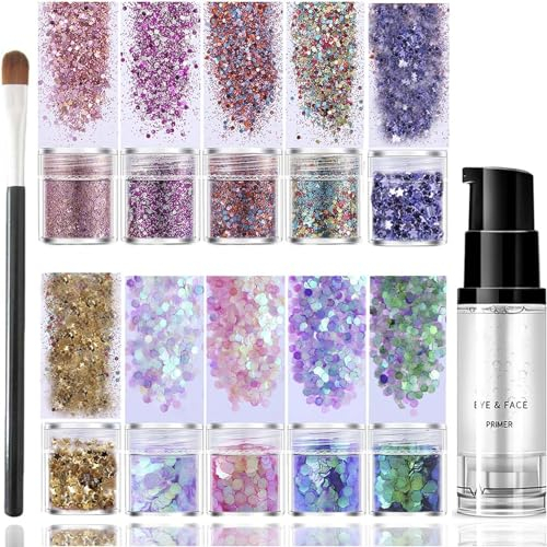 EONFAVE 10 Farben Festival Glitzer Gesicht, Face Chunky Glitter, Body Cosmetic Glitter mit Kleber für Körper, Haare, Nägel, Bühne, Halloween, Party, Inklusive Long Lasting Fix Gel und Pinsel (Blau)