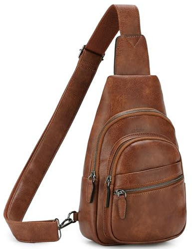 RAVUO Umhängetasche Damen, PU Leder Brusttasche Sling Bag Rucksack Klein Frauen Schultertasche Crossbody Bag für Reisen Braun