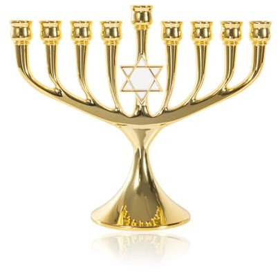 BRTAGG Menora mit Davidstern (Chanukkia BZW. der Chanukkaleuchter) 9 Zweige Kerzenhalter, Upgrade-Cups mit Eingebaute Pins, Höhe 18,5 cm, Jüdische Geschenke, Gold