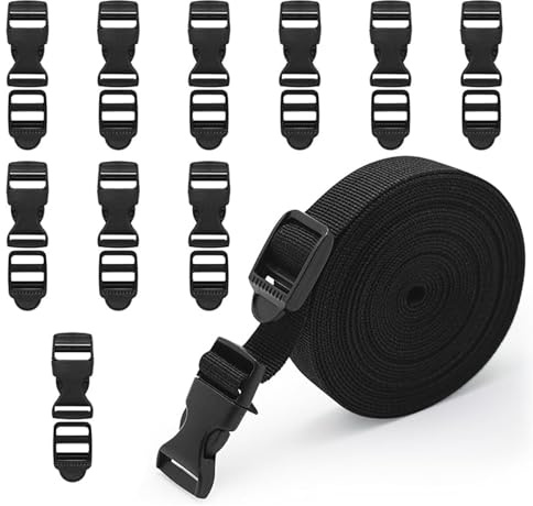 20mm * 5 M Nylon Gurtband mit 10 Kunststoffschnallen Und 10 Schwarze Leiterschnallen, 2 cm strapazierfähiges Gurtband und Side Release Schnallen Clips für DIY Handwerk Rucksack Umreifung Tasche Gurtba