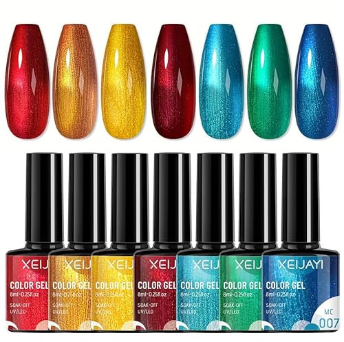 Metallic Gel Nail Polish Set - 7 Colors: Red, Gold, Blue, Green, Pink. Sparkle & Chrome Finish for DIY Nail Art