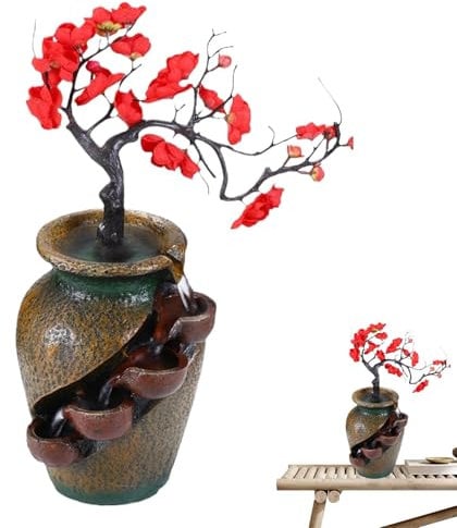 Tabletop Water Fountain Flower Vase,Desktop Craft Creative Flowing Water Waterfall, Tabletop Waterfall Fountain Indoor With Water & Artificial Bouquet, Desktop Water Fountains Home Decor