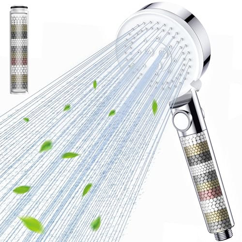 Gritin Duschkopf mit Filter, Hochdruck Handbrause Wassersparend, 5 Strahlarten, Verchromte Duschbrause mit One-Touch Wasserstopp-Taste, Werkzeuglose Installation, Ideal für Hartes Wasser, Weiß