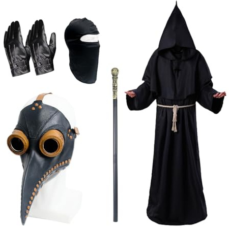 Pest Arzt Halloween Kostüm, lange Nase Schnabel Maske Erwachsener Pest Arzt Maske Priester Robe Skepter Kreuz Halskette Gürtel Leder Handschuhe Balaclava Halloween Karneval Fancy Kleid Cosplay Kostüm