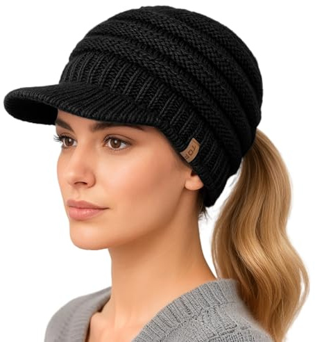 TOP-EX Chicpony, berretto islandese con visiera in lana, da donna, a coda di cavallo, cappello lavorato a maglia, foderato in pile, caldo cappello invernale, 89_nero, Taglia unica